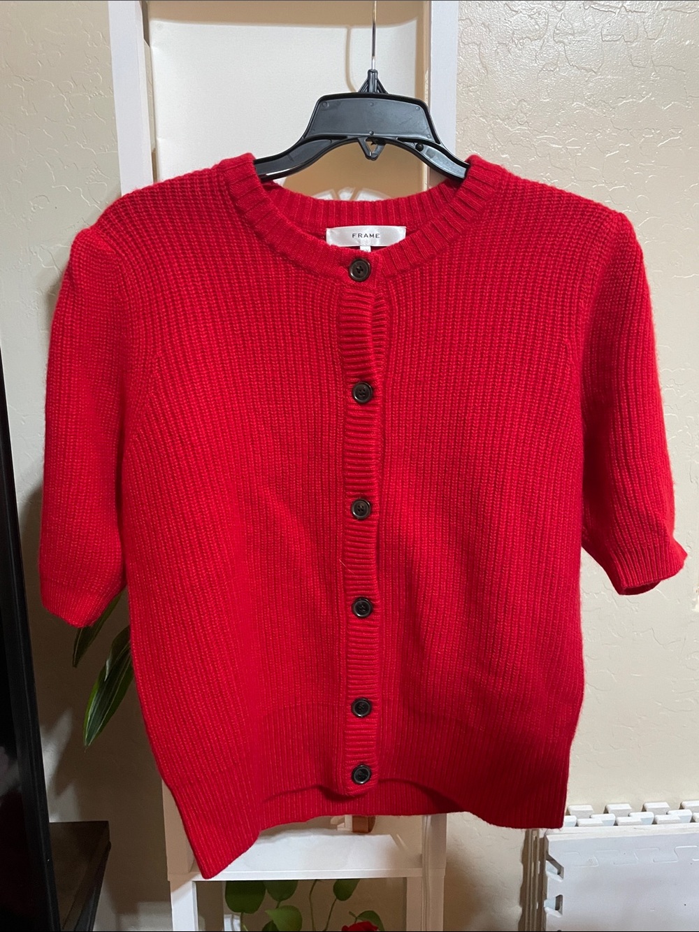 Frame Denim Vibrant Red Ribbed Short-Sleeve Button Cardigan